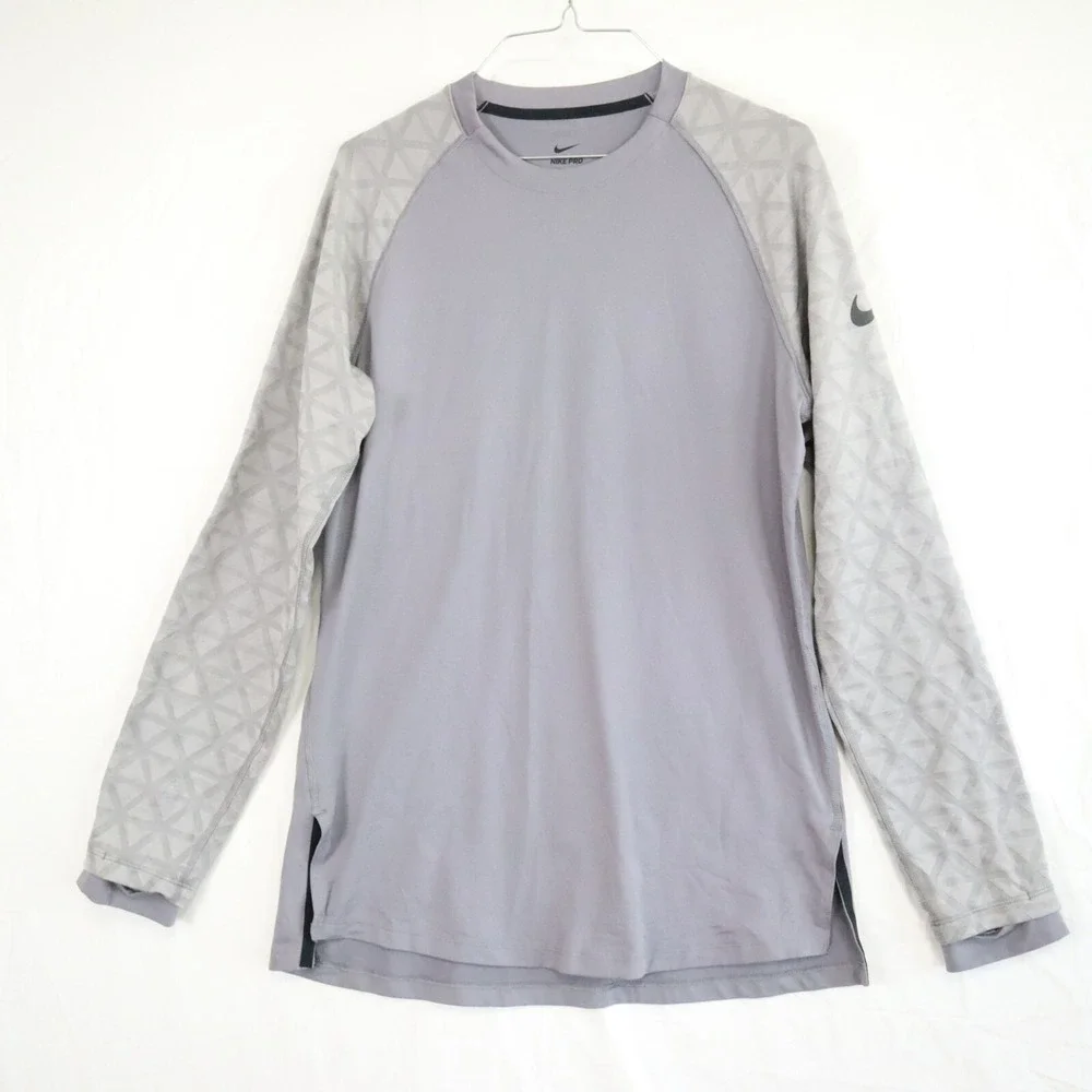 Nike Pro Shirt Mens Medium Activewear Sports Training Gray Raglan Long‎ Sleeve